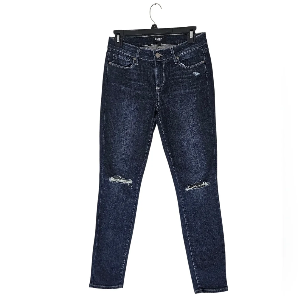 PAIGE Verdugo Ankle Distressed Mid Rise Dark Blue Skinny Jeans‎ 28 Preowned